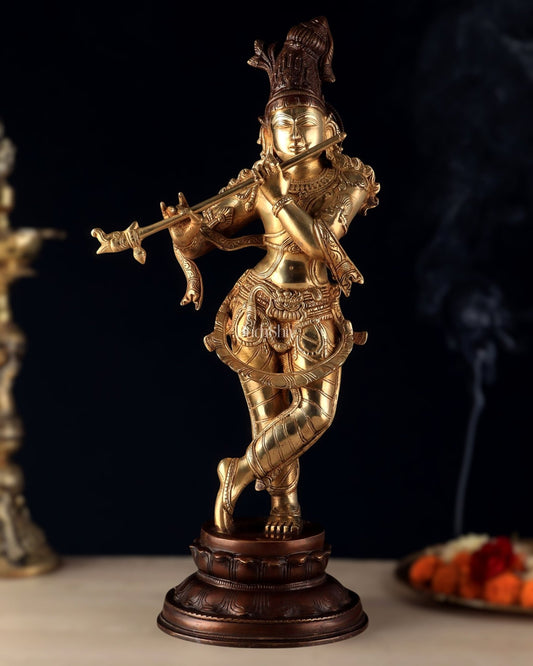 Pure Brass Lord Krishna Statue dual tone 22 inch - Budhshiv.com