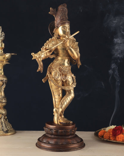 Pure Brass Lord Krishna Statue dual tone 22 inch - Budhshiv.com