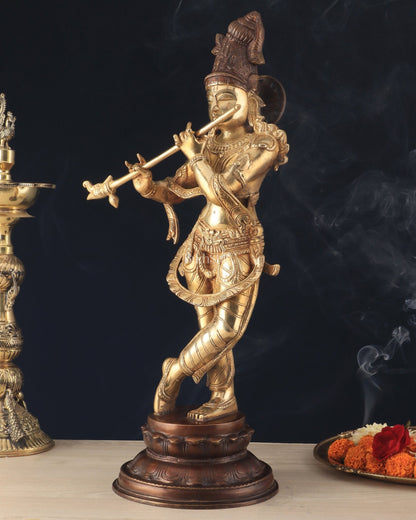 Pure Brass Lord Krishna Statue dual tone 22 inch - Budhshiv.com