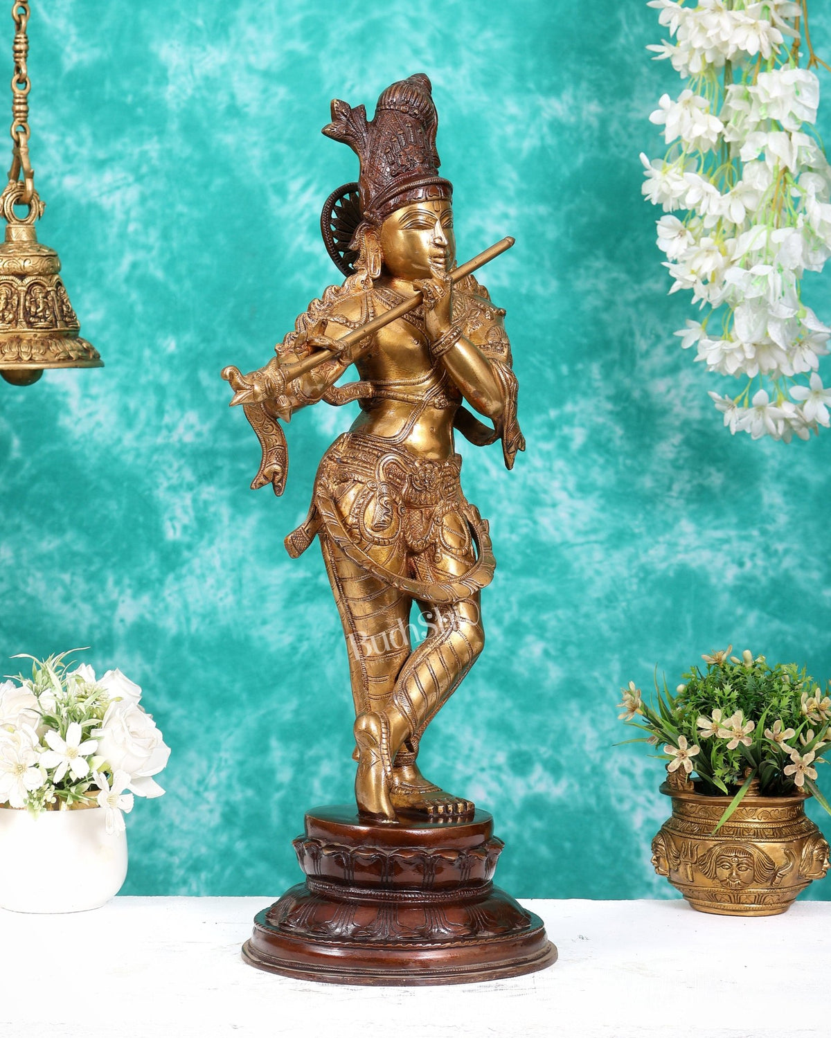 Pure Brass Lord Krishna Statue dual tone 22 inch - Budhshiv.com