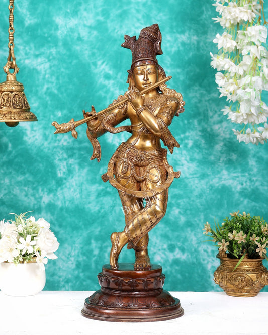 Pure Brass Lord Krishna Statue dual tone 22 inch - Budhshiv.com