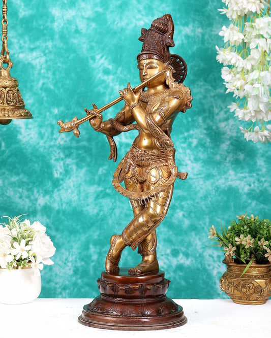 Pure Brass Lord Krishna Statue dual tone 22 inch - Budhshiv.com