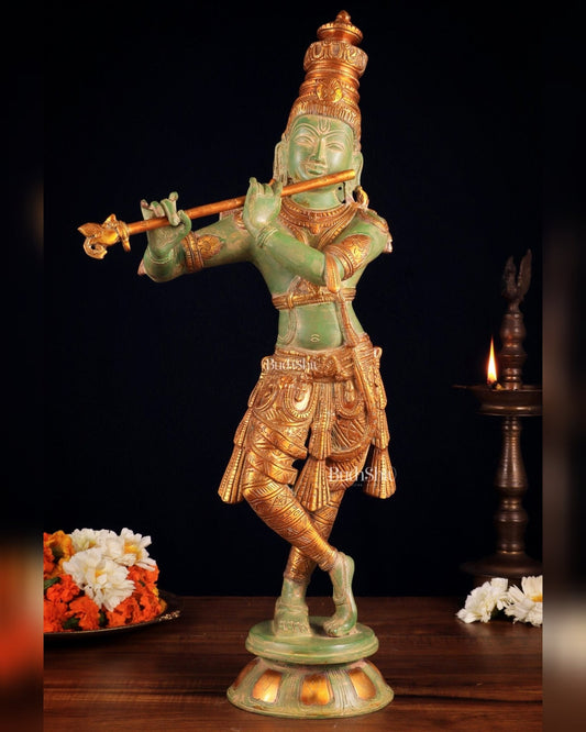 Pure Brass Lord Krishna Statue - green patina , 23 Inches - Budhshiv.com