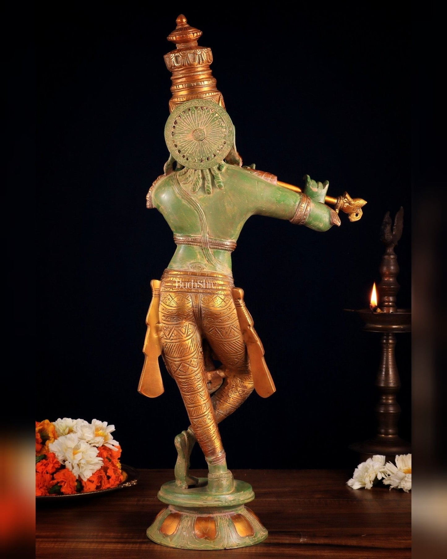 Pure Brass Lord Krishna Statue - green patina , 23 Inches - Budhshiv.com