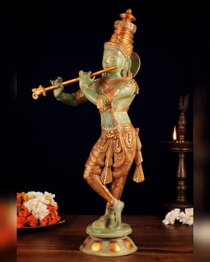 Pure Brass Lord Krishna Statue - green patina , 23 Inches - Budhshiv.com
