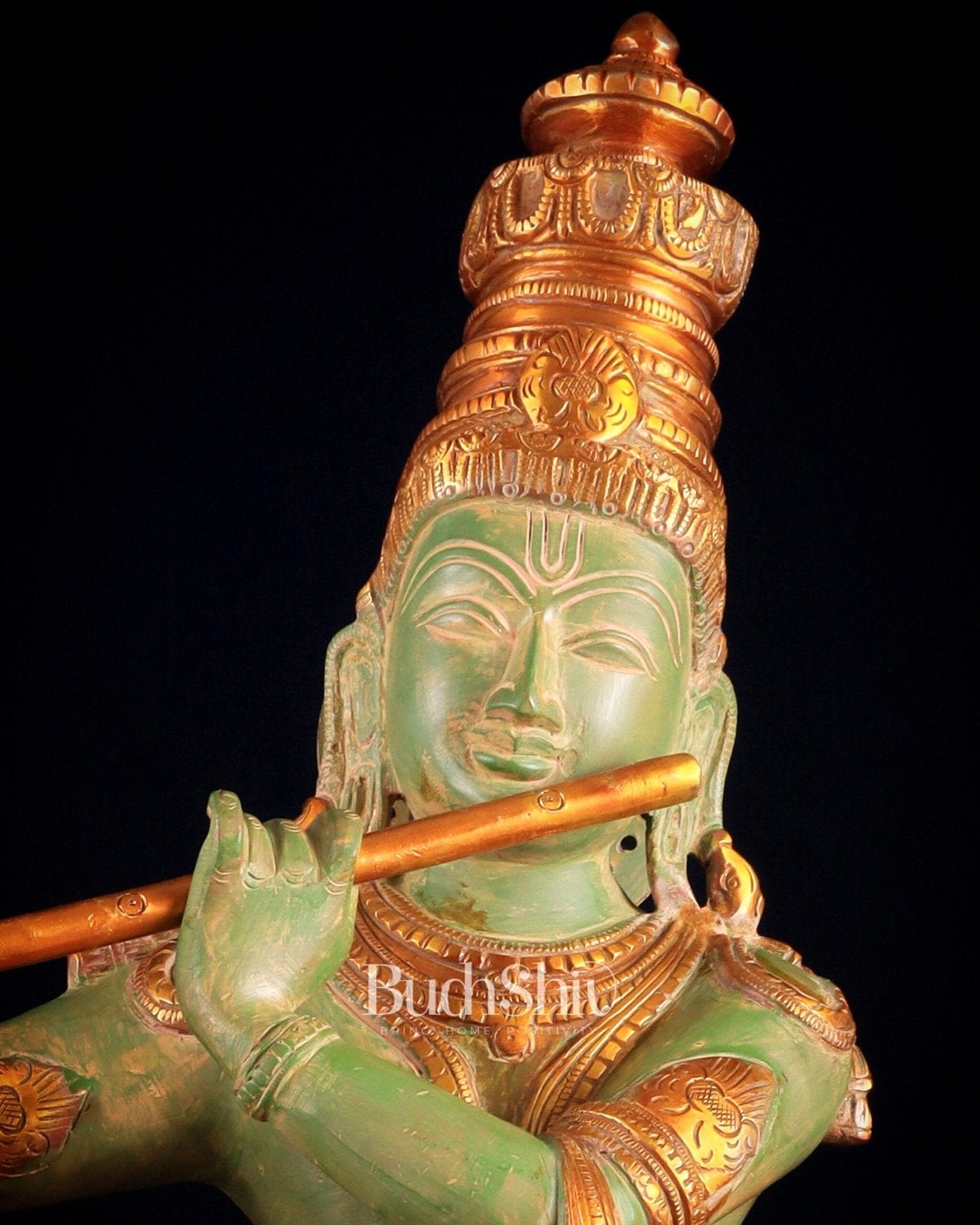 Pure Brass Lord Krishna Statue - green patina , 23 Inches - Budhshiv.com
