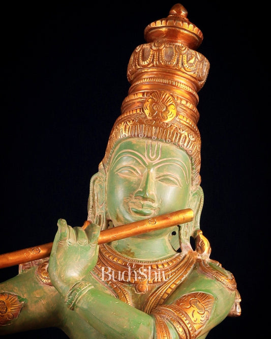 Pure Brass Lord Krishna Statue - green patina , 23 Inches - Budhshiv.com