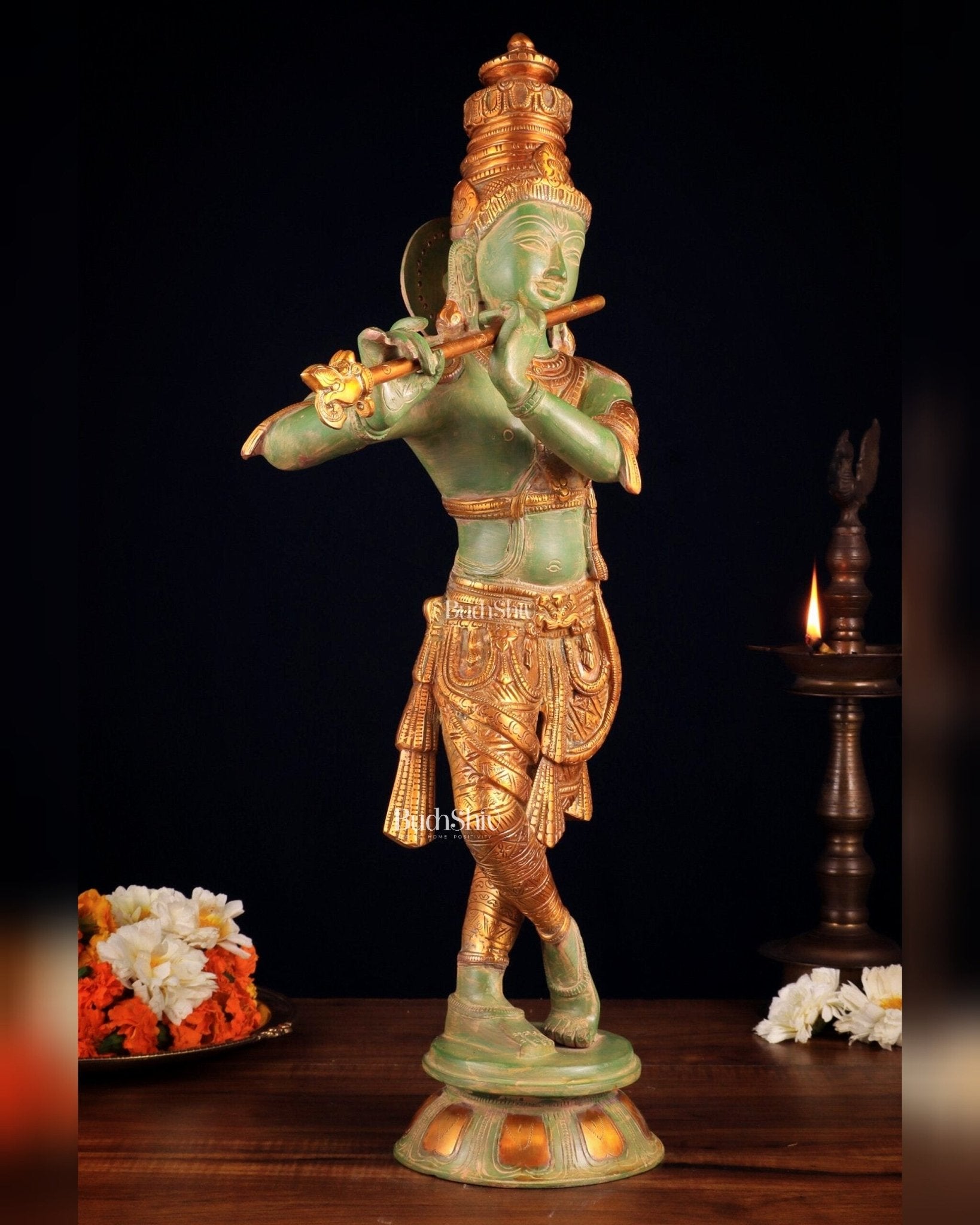 Pure Brass Lord Krishna Statue - green patina , 23 Inches - Budhshiv.com