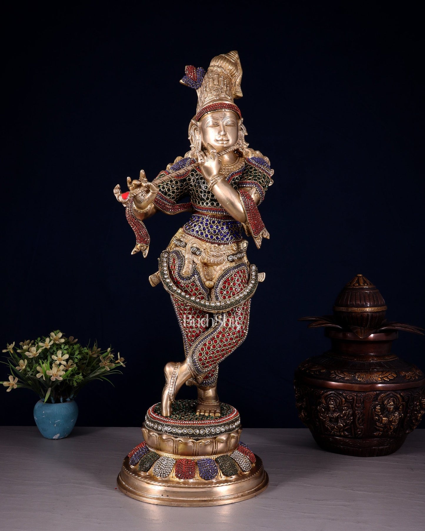 Pure Brass Lord Krishna Statue jewel work 22 inch - Budhshiv.com