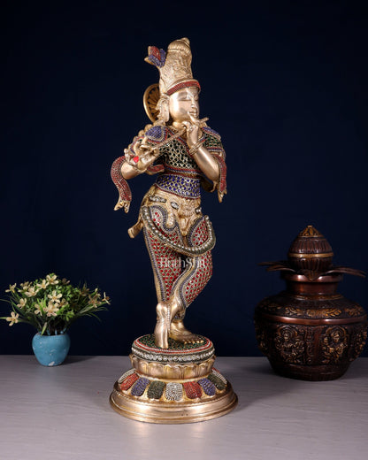 Pure Brass Lord Krishna Statue jewel work 22 inch - Budhshiv.com