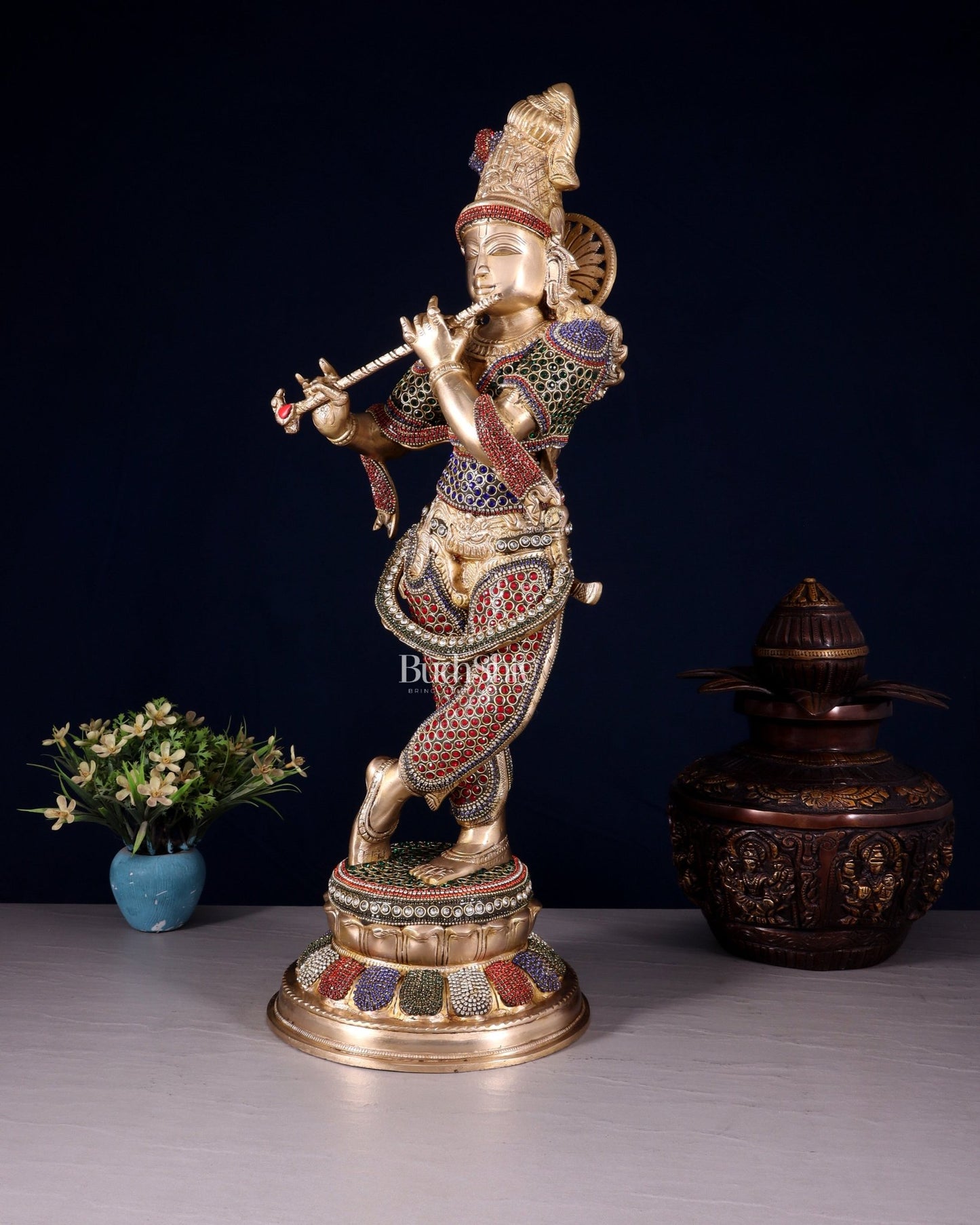 Pure Brass Lord Krishna Statue jewel work 22 inch - Budhshiv.com