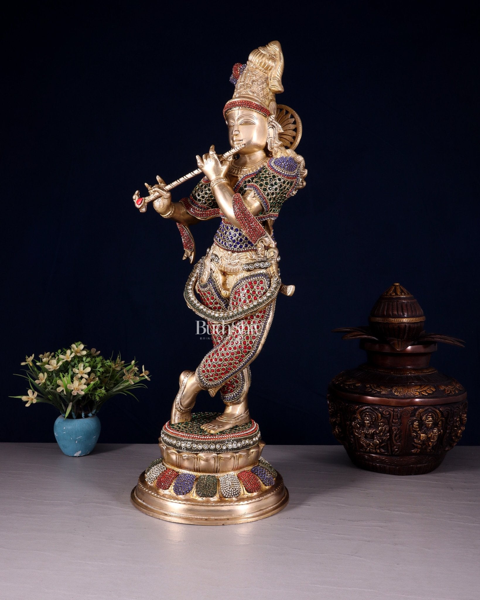 Pure Brass Lord Krishna Statue jewel work 22 inch - Budhshiv.com