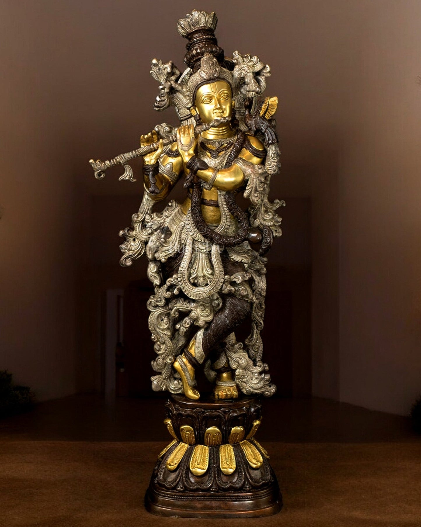 Pure Brass Lord Krishna Statue - Three Tone Finish | 30 Inch Height - Budhshiv.com