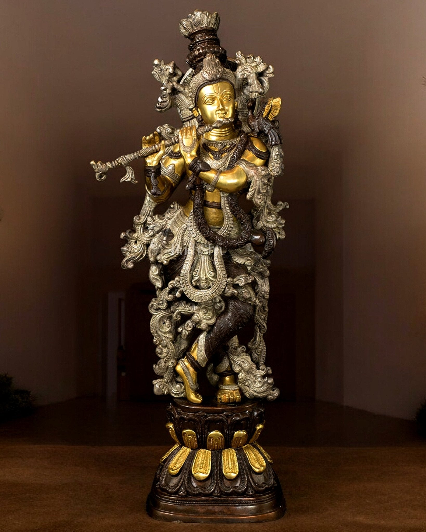 Pure Brass Lord Krishna Statue - Three Tone Finish | 30 Inch Height - Budhshiv.com