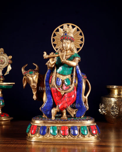 Pure Brass Lord Krishna Statue with cow idol 9" - Budhshiv.com