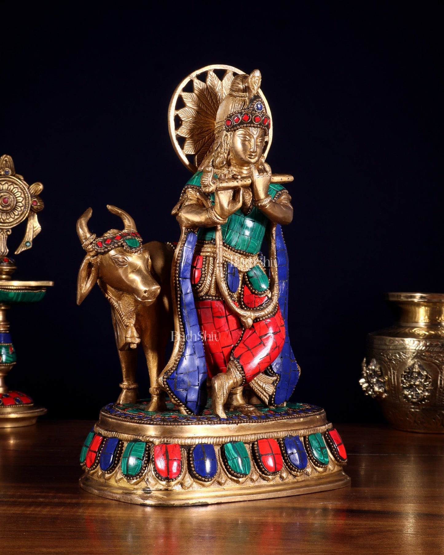 Pure Brass Lord Krishna Statue with cow idol 9" - Budhshiv.com