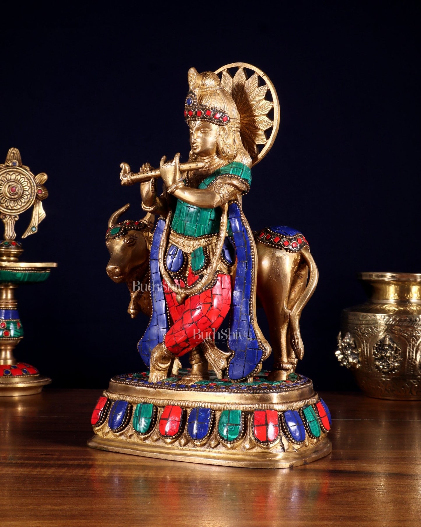 Pure Brass Lord Krishna Statue with cow idol 9" - Budhshiv.com