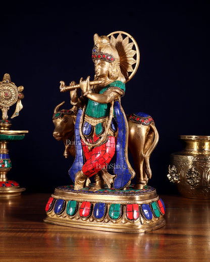 Pure Brass Lord Krishna Statue with cow idol 9" - Budhshiv.com