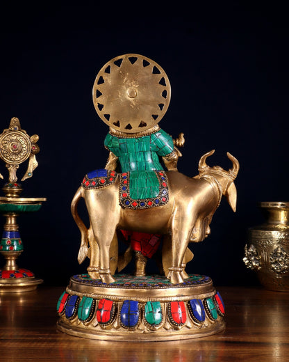 Pure Brass Lord Krishna Statue with cow idol 9" - Budhshiv.com
