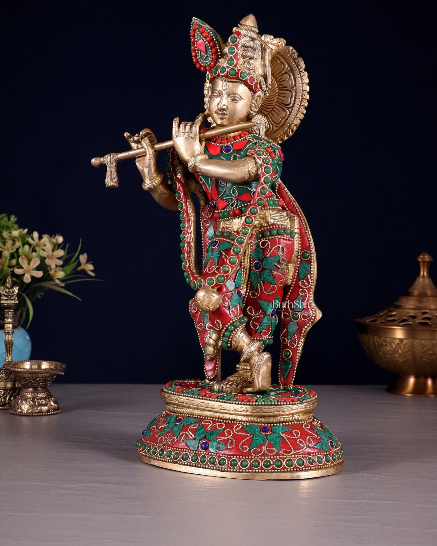 Pure Brass Lord Krishna Statue with Floral Stonework 11.5" - Budhshiv.com