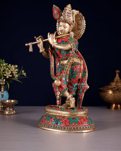 Pure Brass Lord Krishna Statue with Floral Stonework 11.5" - Budhshiv.com