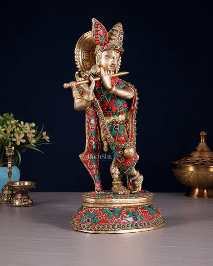 Pure Brass Lord Krishna Statue with Floral Stonework 11.5" - Budhshiv.com