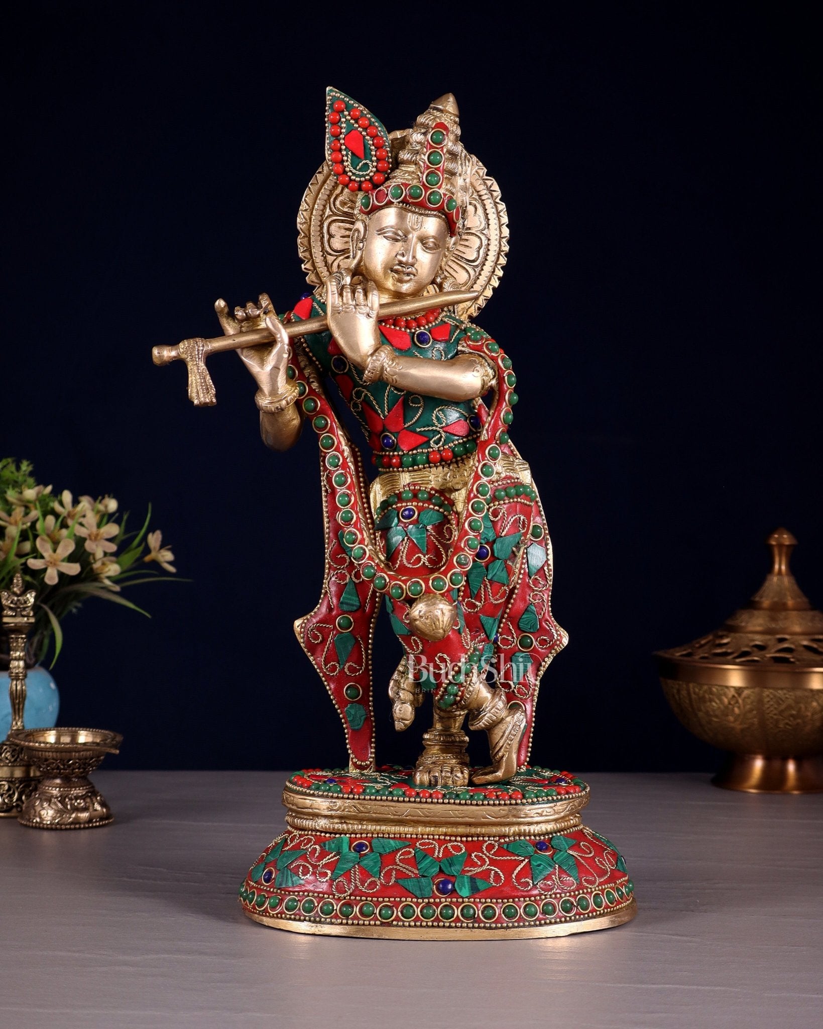 Pure Brass Lord Krishna Statue with Floral Stonework 11.5" - Budhshiv.com