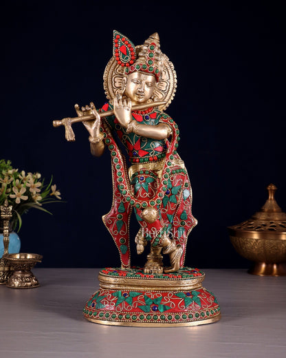 Pure Brass Lord Krishna Statue with Floral Stonework 11.5" - Budhshiv.com