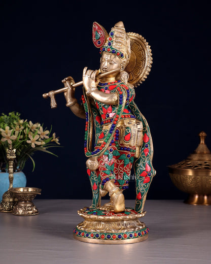 Pure Brass Lord Krishna Statue with Floral Stonework 11" - Budhshiv.com