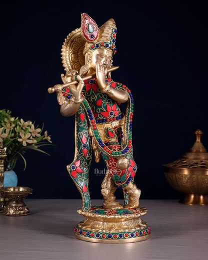 Pure Brass Lord Krishna Statue with Floral Stonework 11" - Budhshiv.com