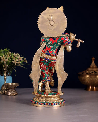 Pure Brass Lord Krishna Statue with Floral Stonework 11" - Budhshiv.com