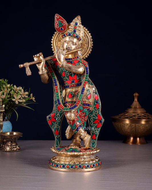 Pure Brass Lord Krishna Statue with Floral Stonework 11" - Budhshiv.com