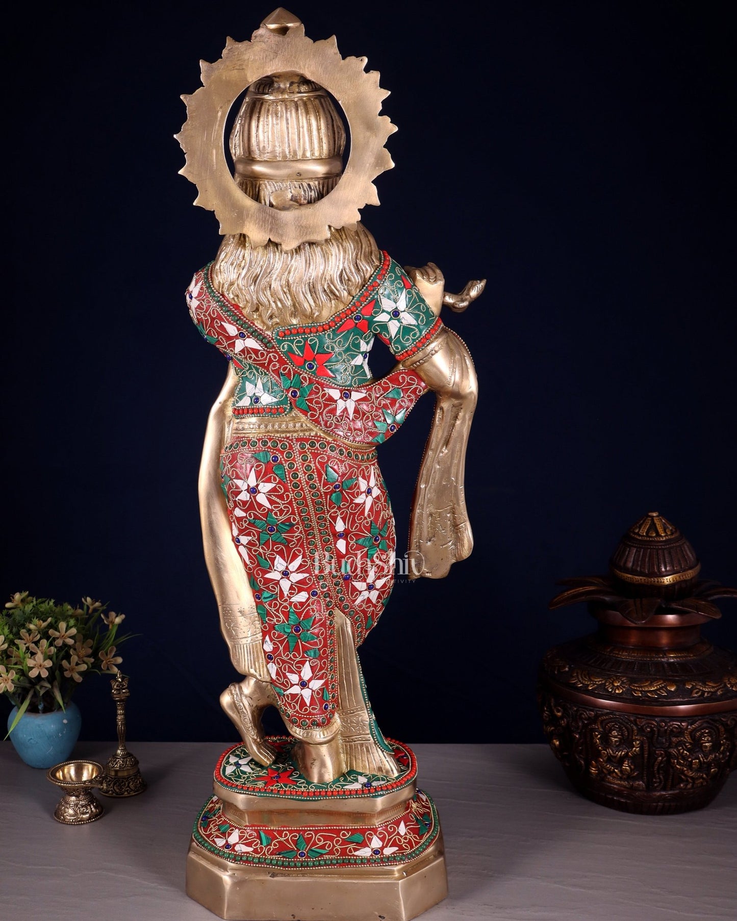 Pure Brass Lord Krishna Statue with Floral Stonework 25" - Budhshiv.com