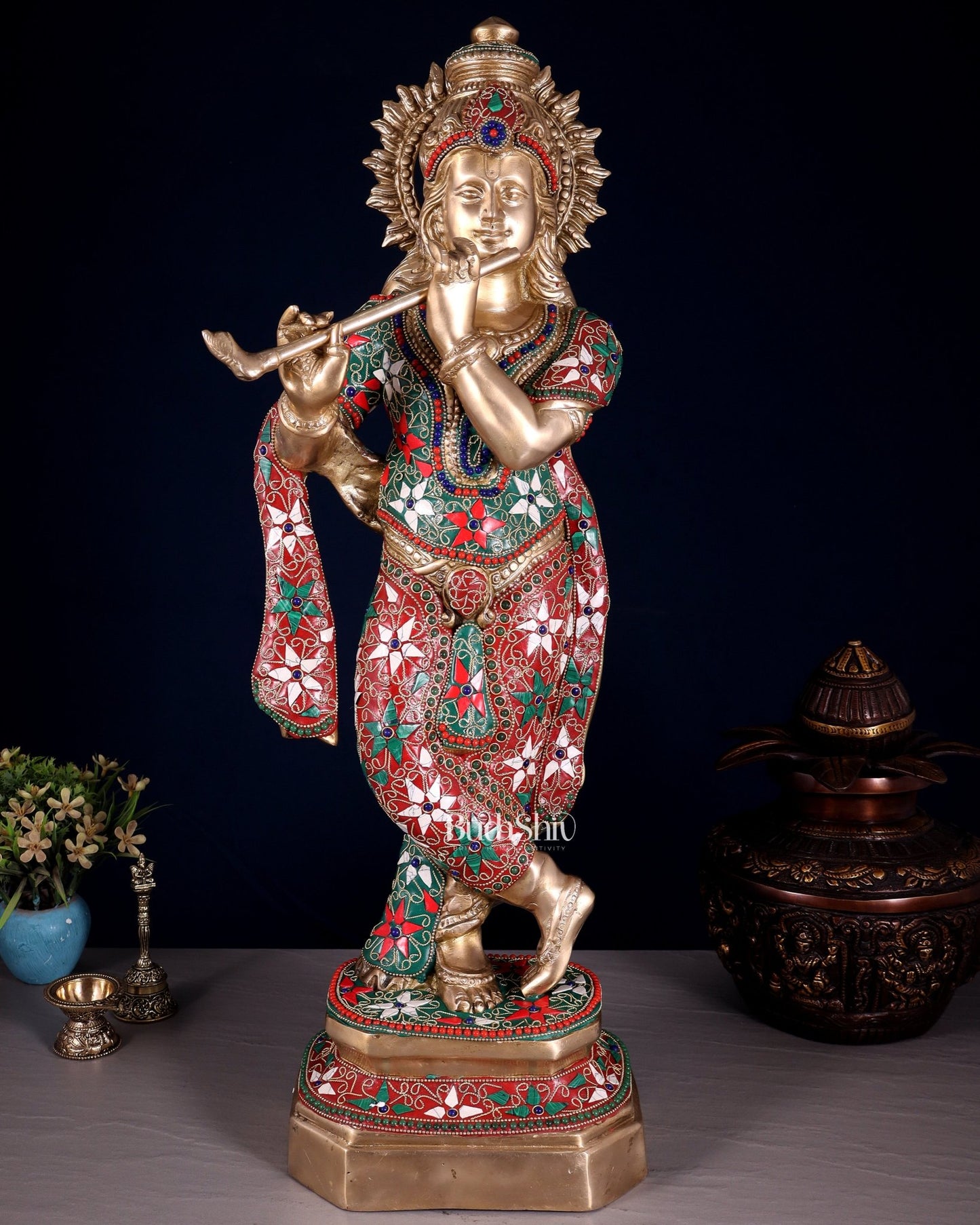 Pure Brass Lord Krishna Statue with Floral Stonework 25" - Budhshiv.com