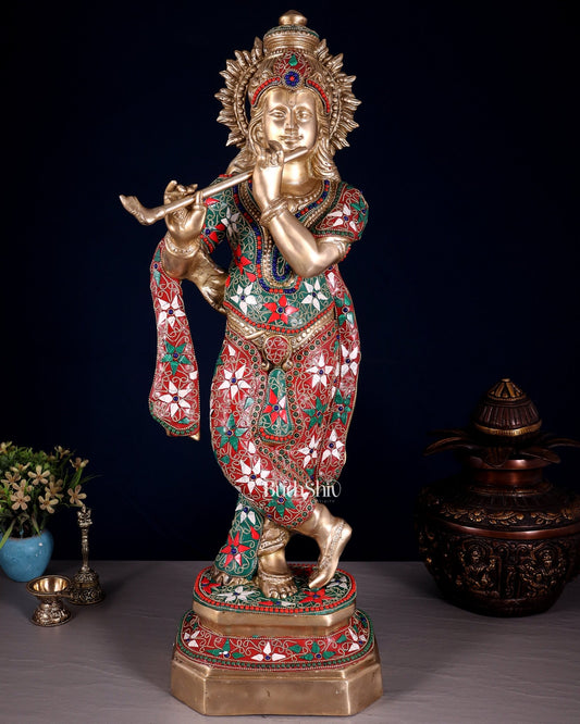 Pure Brass Lord Krishna Statue with Floral Stonework 25" - Budhshiv.com