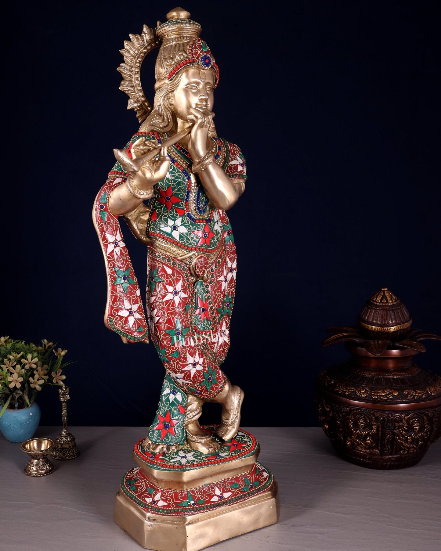 Pure Brass Lord Krishna Statue with Floral Stonework 25" - Budhshiv.com