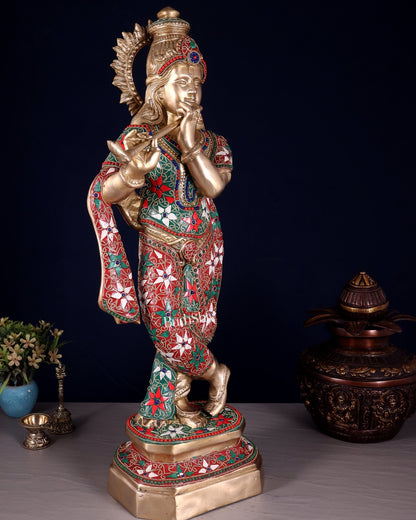 Pure Brass Lord Krishna Statue with Floral Stonework 25" - Budhshiv.com