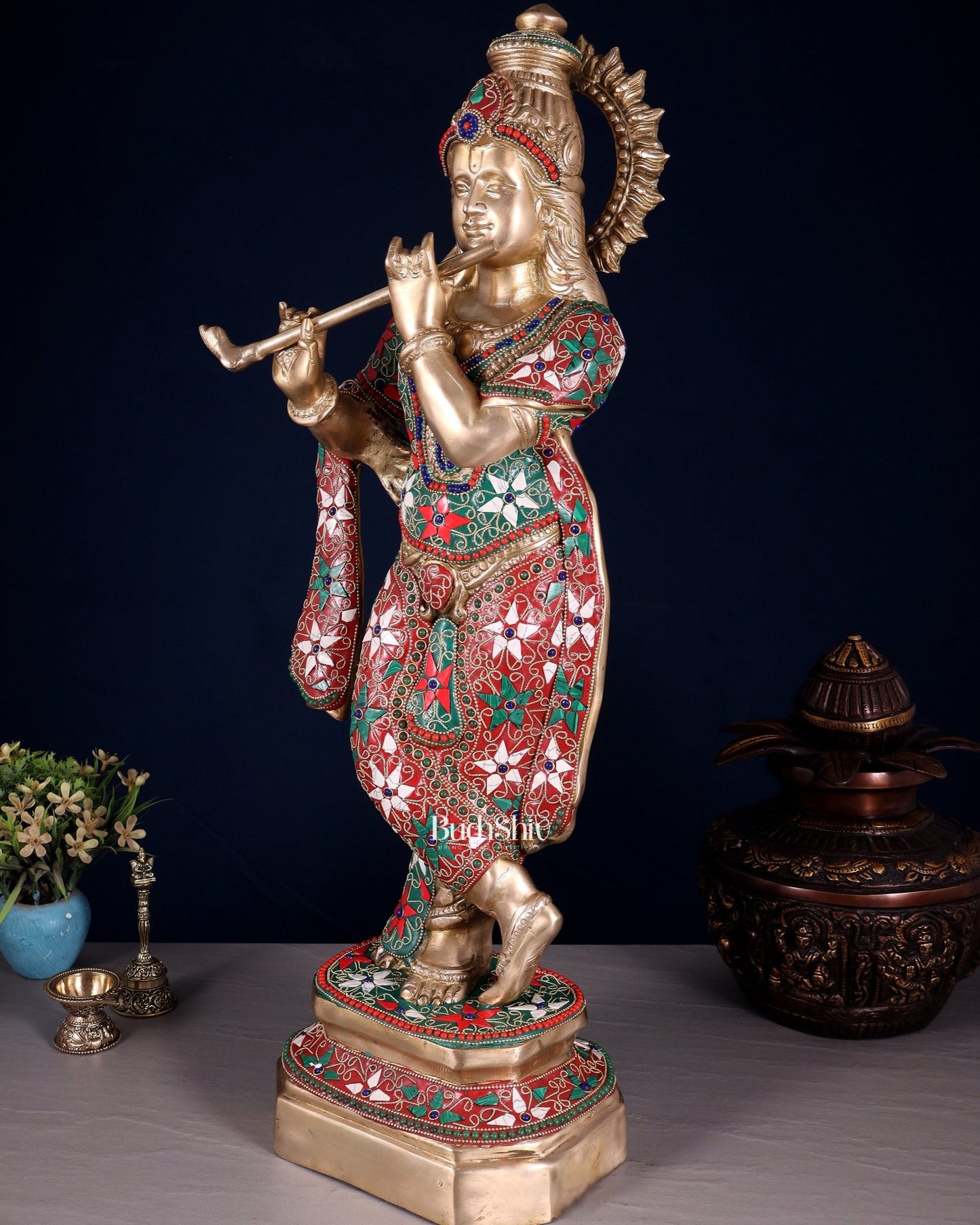 Pure Brass Lord Krishna Statue with Floral Stonework 25" - Budhshiv.com