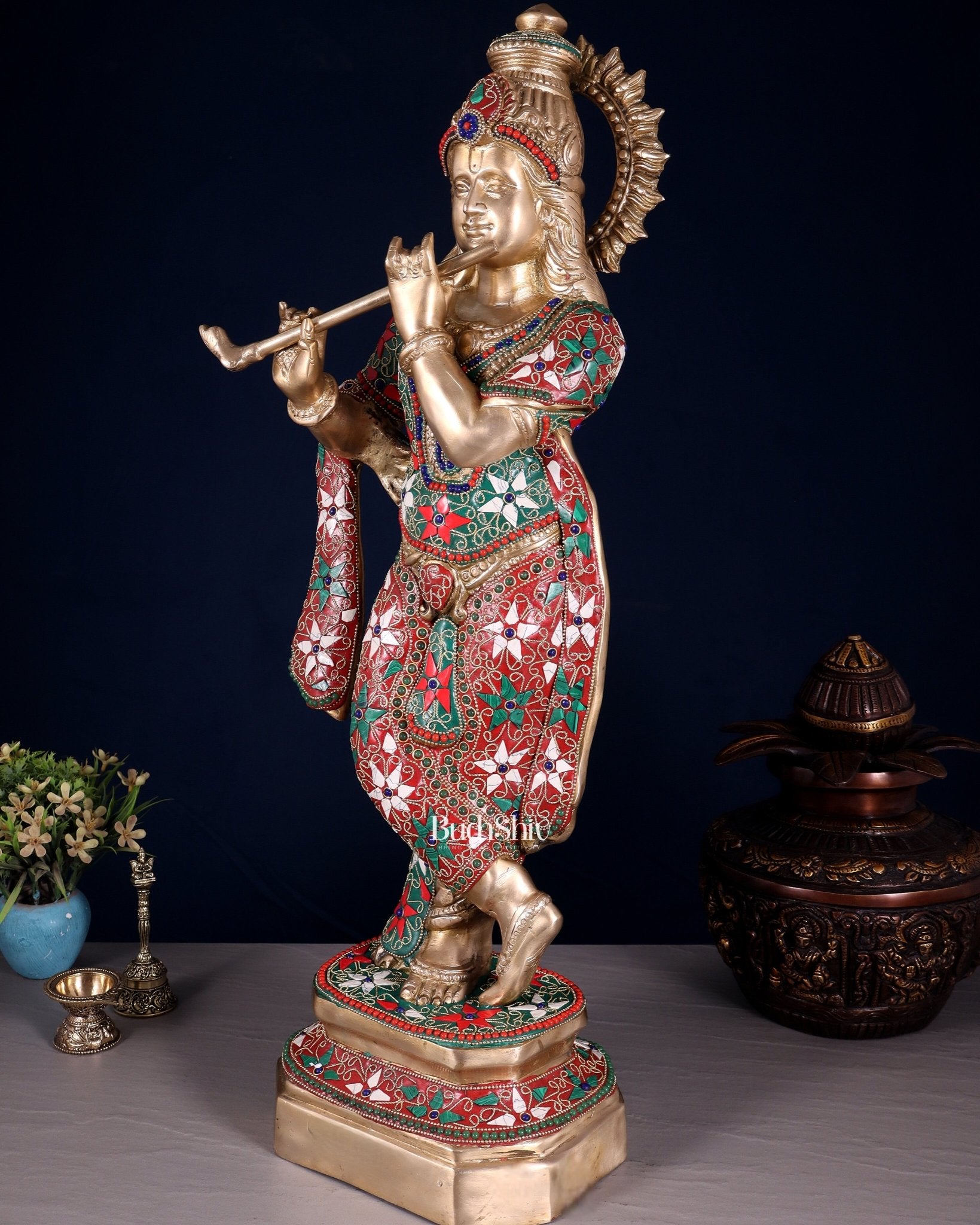 Pure Brass Lord Krishna Statue with Floral Stonework 25" - Budhshiv.com