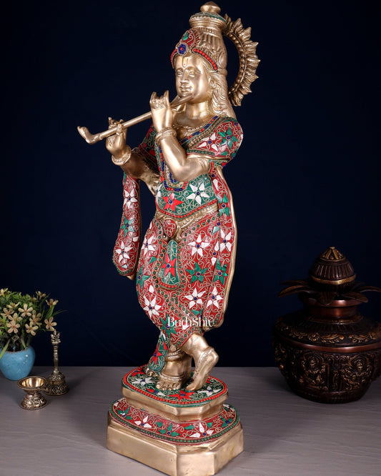 Pure Brass Lord Krishna Statue with Floral Stonework 25" - Budhshiv.com