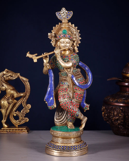 Pure Brass Lord Krishna Unique Statue | 15.5" meenakari Stonework - Budhshiv.com