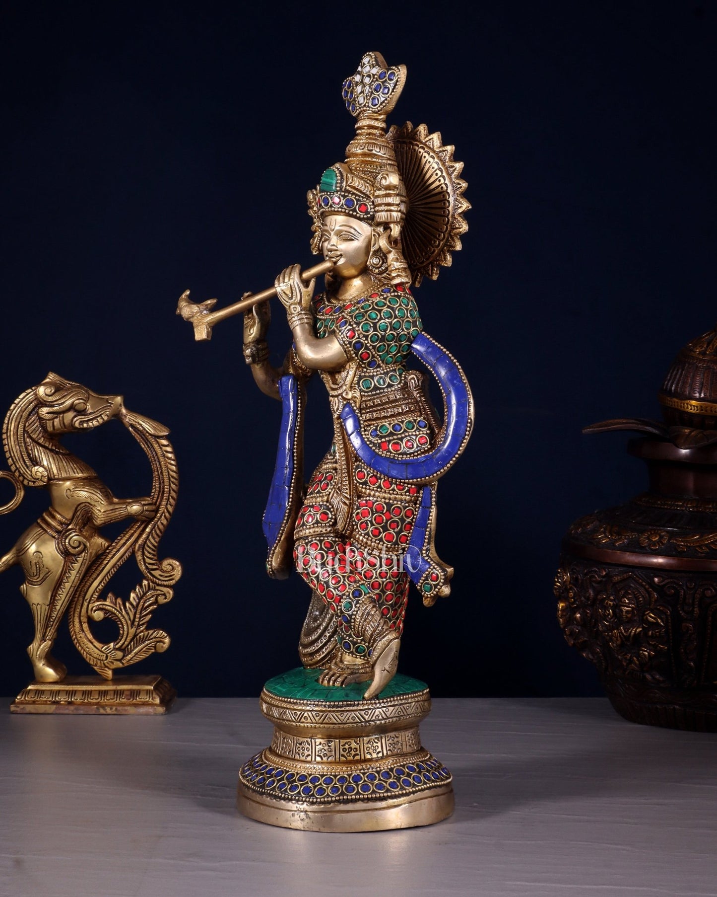 Pure Brass Lord Krishna Unique Statue | 15.5" meenakari Stonework - Budhshiv.com