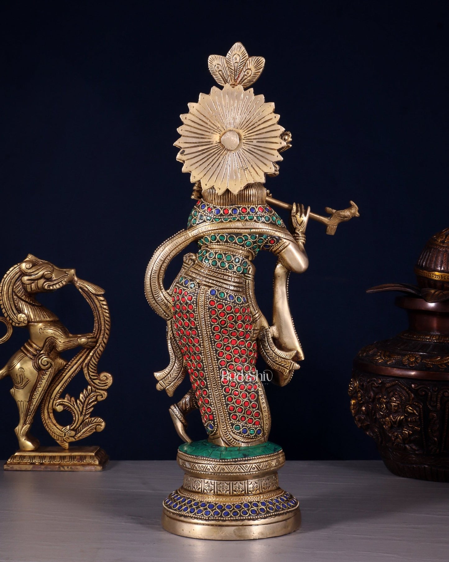 Pure Brass Lord Krishna Unique Statue | 15.5" meenakari Stonework - Budhshiv.com