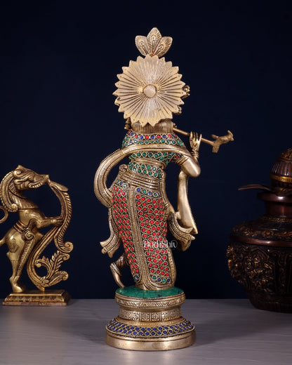 Pure Brass Lord Krishna Unique Statue | 15.5" meenakari Stonework - Budhshiv.com