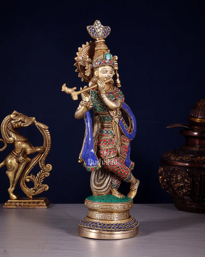 Pure Brass Lord Krishna Unique Statue | 15.5" meenakari Stonework - Budhshiv.com