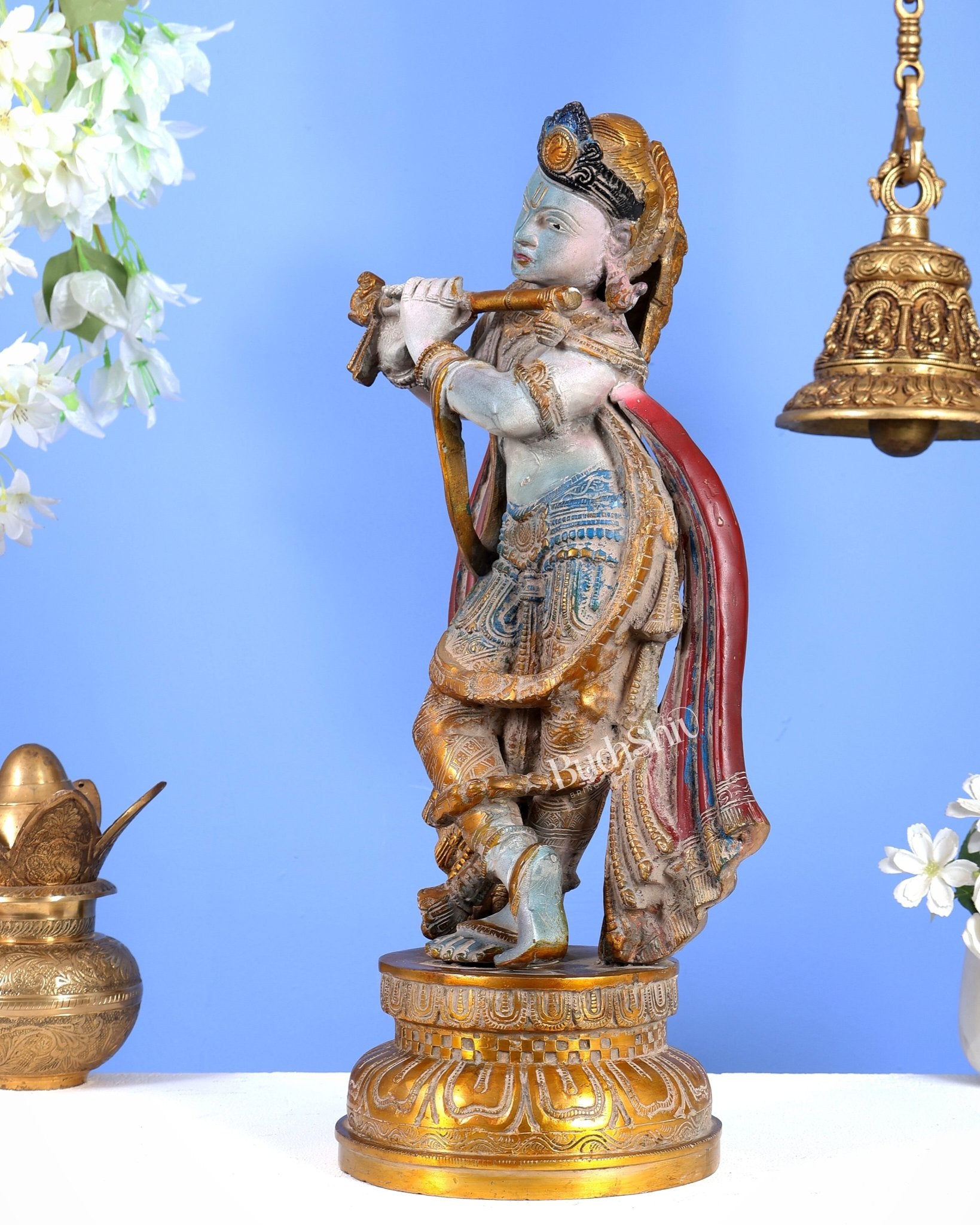Pure Brass Lord Krishna Vintage Hand-Painted Sculpture 18.5" - Budhshiv.com