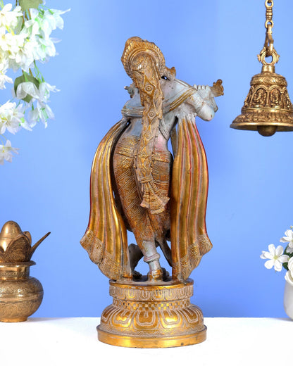 Pure Brass Lord Krishna Vintage Hand-Painted Sculpture 18.5" - Budhshiv.com