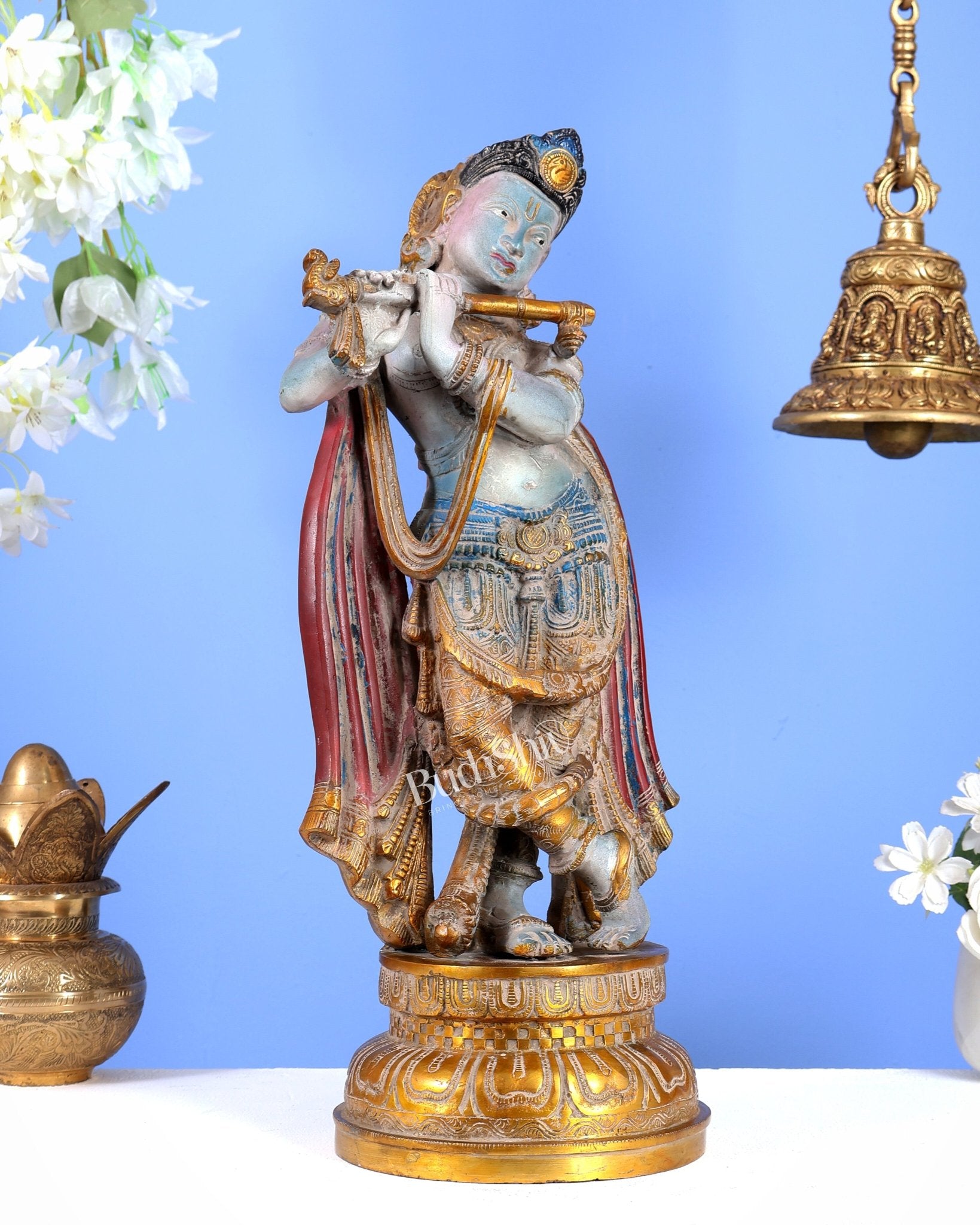 Pure Brass Lord Krishna Vintage Hand-Painted Sculpture 18.5" - Budhshiv.com