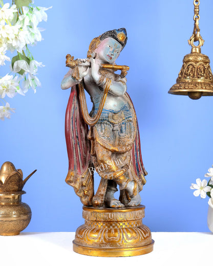 Pure Brass Lord Krishna Vintage Hand-Painted Sculpture 18.5" - Budhshiv.com