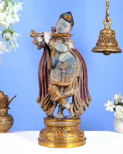 Pure Brass Lord Krishna Vintage Hand-Painted Sculpture 18.5" - Budhshiv.com